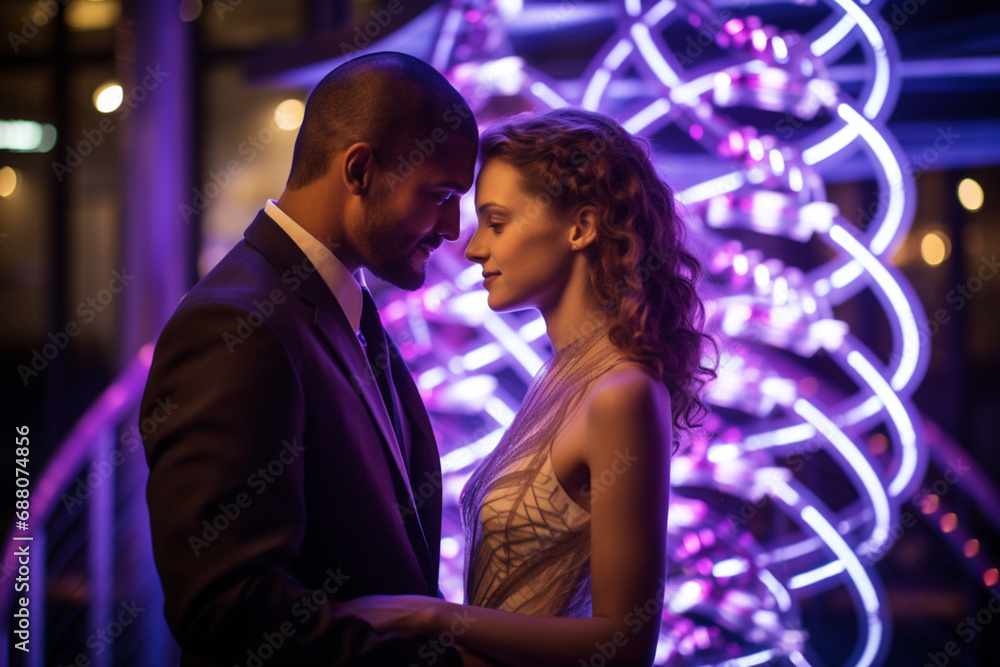 Fototapeta premium Couple celebrating their connection through a DNA-based matchmaking service, location with DNA-themed decorations, Highlight DNA matching technology and genetic analysis