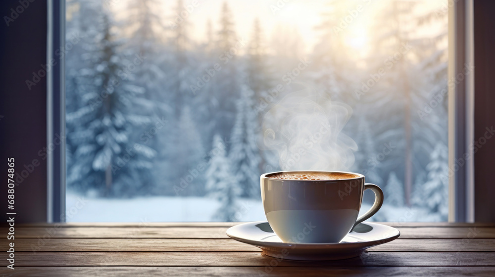 Hot chocolate on wooden windowsill with a view of the winter forest Hot chocolate on wooden windowsill with a view of the winter forest