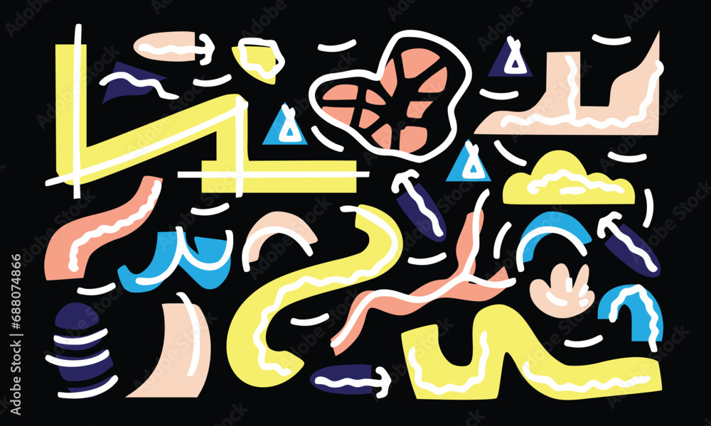Abstract various bright doodle shapes and objects. Different figures. Hand drawn Vector seamless Pattern. Background, wallpaper, Wrapping, textile template Abstract various bright doodle shapes and objects. Different figures. Hand drawn Vector seamless Pattern. Background, wallpaper, Wrapping, textile template