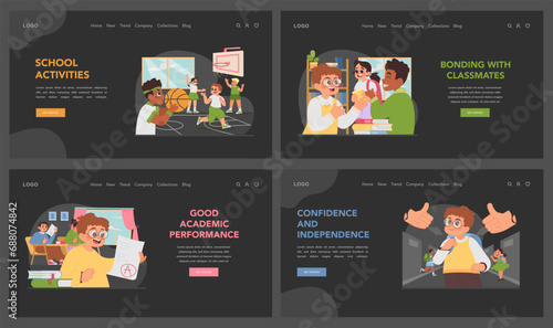 New at school dark or night mode web, landing set. Building friendships and self-assurance at school. Getting high grades, appreciation from peers and classmates. Flat vector illustration