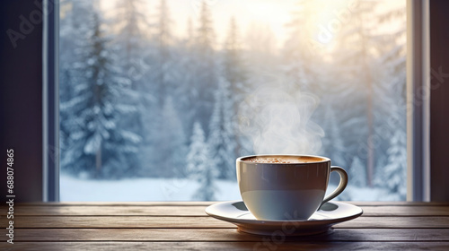 Hot chocolate on wooden windowsill with a view of the winter forest