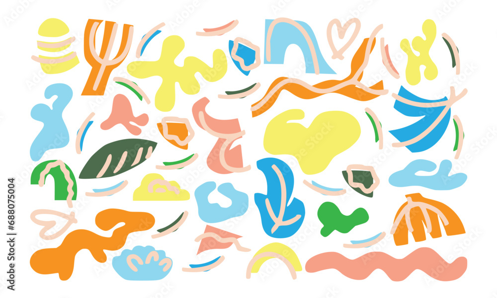 Fototapeta premium Abstract various bright doodle shapes and objects. Different figures. Hand drawn Vector seamless Pattern. Background, wallpaper, Wrapping, textile template