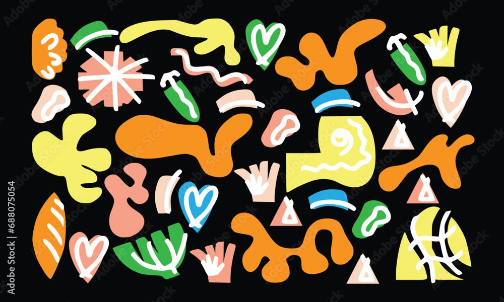 Abstract various bright doodle shapes and objects. Different figures. Hand drawn Vector seamless Pattern. Background, wallpaper, Wrapping, textile template