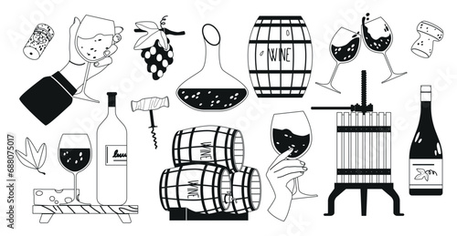 Vineyard Items Black And White Icons Set. Grapevines, Ripe Clusters Of Grapes, Wooden Barrels, Clinking Glasses, Masher
