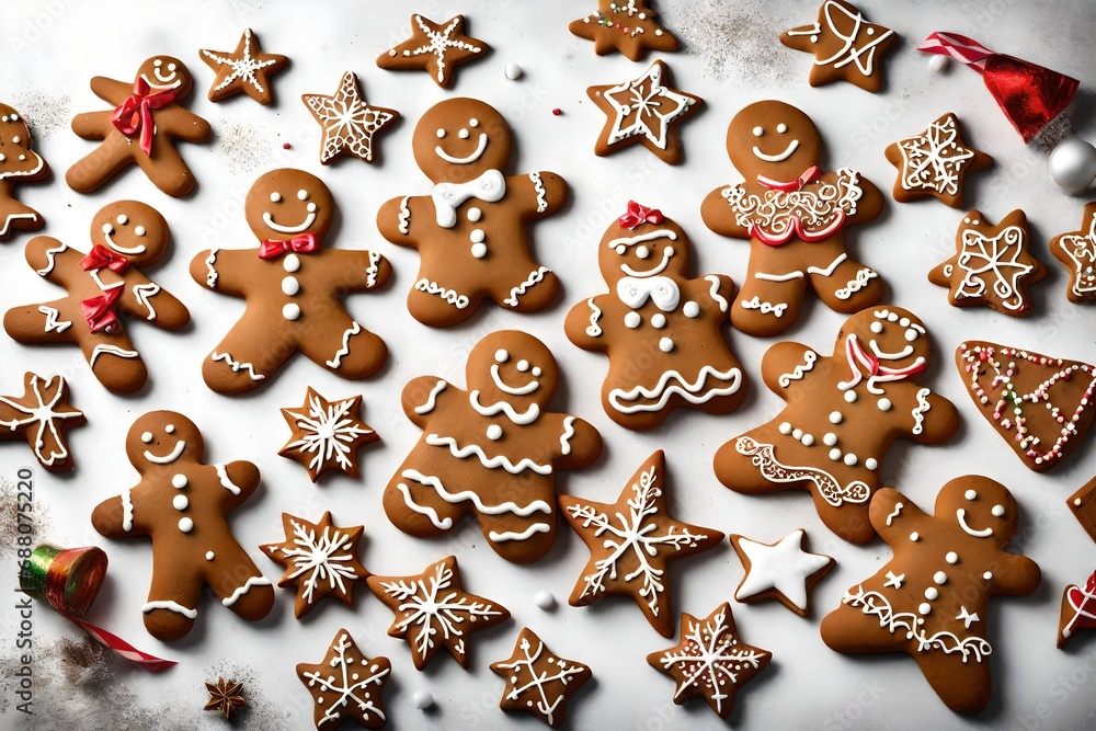 A festive arrangement of gingerbread cookies in holiday shapes, decorated with icing and sprinkles.