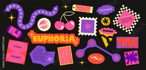 Collection acid patches, stickers,labels, tags in 90s style y2k. Funky hipster groovy retrowave acid shapes	