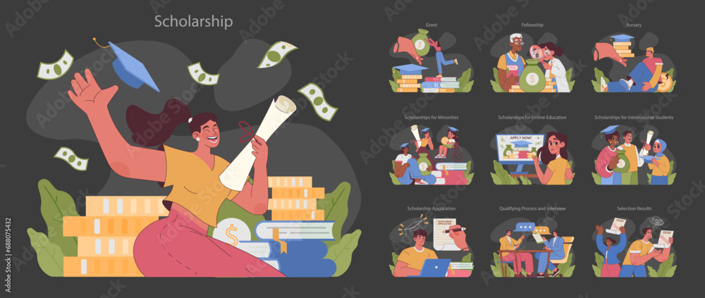 Scholarship set. Celebrating academic achievements and financial aid for students. From applications to awards. Education support across demographics. Help from government. Flat vector illustration Scholarship set. Celebrating academic achievements and financial aid for students. From applications to awards. Education support across demographics. Help from government. Flat vector illustration