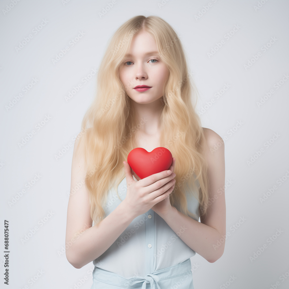 Young blond teenage girl with pale skin holdin red heart near her chest, looking at camera, flat background. Looking sad, longing. Young blond teenage girl with pale skin holdin red heart near her chest, looking at camera, flat background. Looking sad, longing.