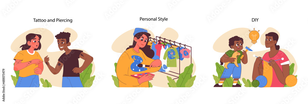 Self expression set. Personalized body art, individual fashion, and handcrafted projects. Celebrating diversity through tattoos, style, and DIY crafts. Flat vector illustration