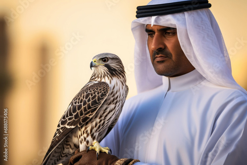 Arabic man with traditional emirates clothes with his falcon bird
