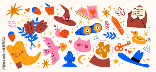 Cartoon groovy stickers set. 90s cute design. botanical elements,binoculars, boots, flowers. Halloween acid set