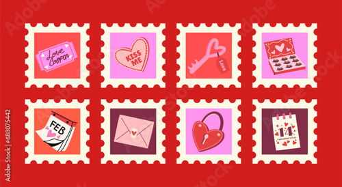 Set Valentines day cartoon retro posters in groovy style. Hippie acid 90s elements, hearts,flowers, characters, vector square psychedelic stamps posters	
