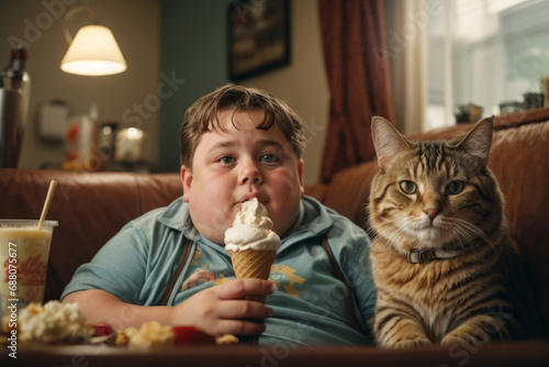 A fat kid who looks like Steve Buscemi is eating ice cream and watching a movie with his cat