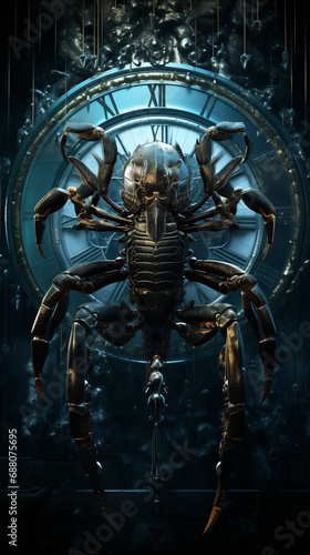 Scorpion with zodiac calendar background, magical, surreal, natural light, sharp colors, wallpaper
