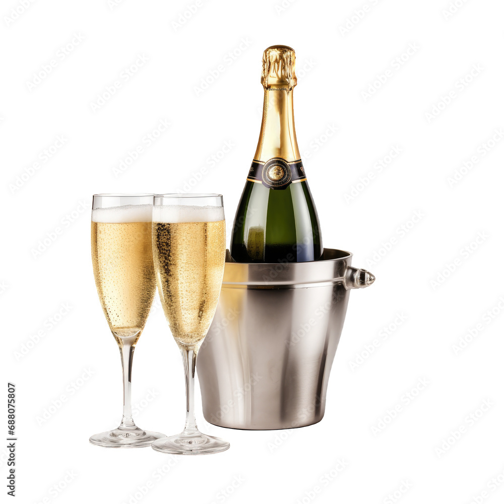 Two tall thin glasses of champagne next to an ice bucket with a bottle of champagne isolated on a cutout PNG transparent background Two tall thin glasses of champagne next to an ice bucket with a bottle of champagne isolated on a cutout PNG transparent background