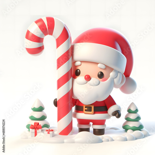 Santa Claus with a candy cane, Christmas trees, and gifts, cute 3d Christmas illustration background, generative ai