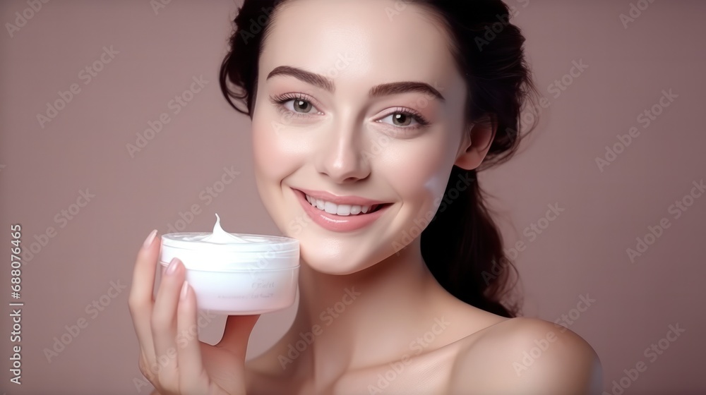 Beautiful woman smile use cream for good skin. face of a healthy woman apply cream and makeup. Advertisement for skin cream, anti-wrinkle, baby face, whitening, moisturizer, tighten pores Beautiful woman smile use cream for good skin. face of a healthy woman apply cream and makeup. Advertisement for skin cream, anti-wrinkle, baby face, whitening, moisturizer, tighten pores