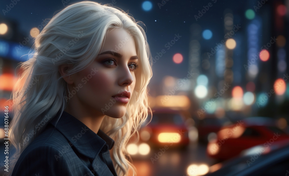Portrait of a blonde woman against the background of a car in a night city, smiling and looking at the camera. Girl garage banner for car service Portrait of a blonde woman against the background of a car in a night city, smiling and looking at the camera. Girl garage banner for car service