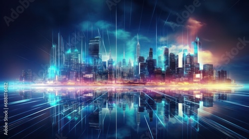 cityscape with space and neon light effect. Modern hi-tech, science, futuristic technology concept. Abstract digital high tech city design for banner background