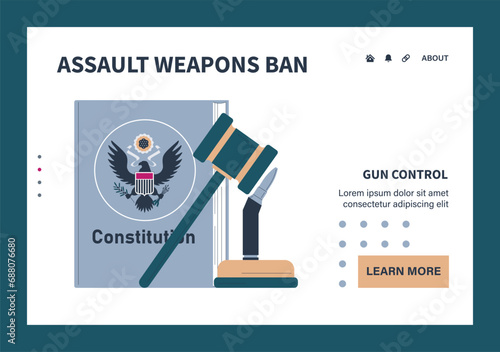 Gun control web or landing set. Second amendment ban. Weapon regulations law movement. Firearm violence. Mass shooting in public places and school. Flat vector illustration