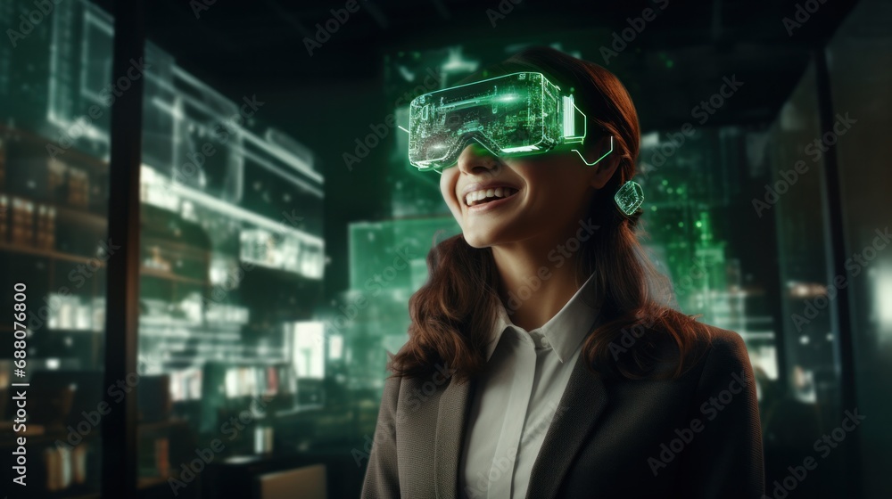 Smiling businesswoman in green sweater is wearing vr helmet. Digital interface in 3d glasses. Concept of future technology, interaction and entertainment playing game in virtual reality Smiling businesswoman in green sweater is wearing vr helmet. Digital interface in 3d glasses. Concept of future technology, interaction and entertainment playing game in virtual reality