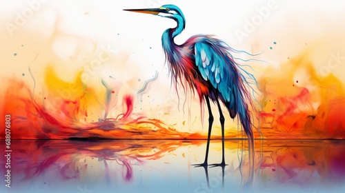 a graceful and colorful representation of a heron, its long legs and elegant posture captured in vibrant strokes on a white background, symbolizing patience and tranquility. photo