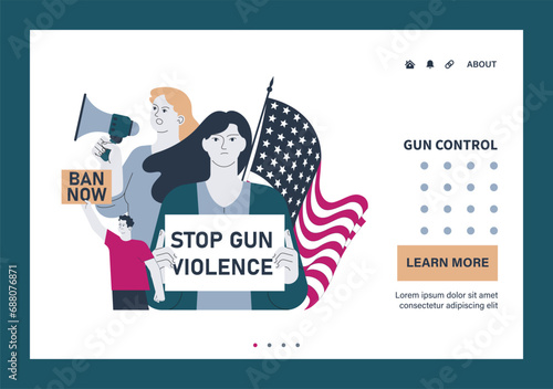 Gun control web or landing set. Second amendment ban. Weapon regulations law movement. Firearm violence. Mass shooting in public places and school. Flat vector illustration