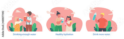 Isolated Vector Elements With Energetic Kids Characters Happily Sip Water, Emphasizing The Importance Of Hydration