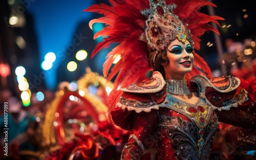 Carnival Performer in Red Feathers and colorful costumes