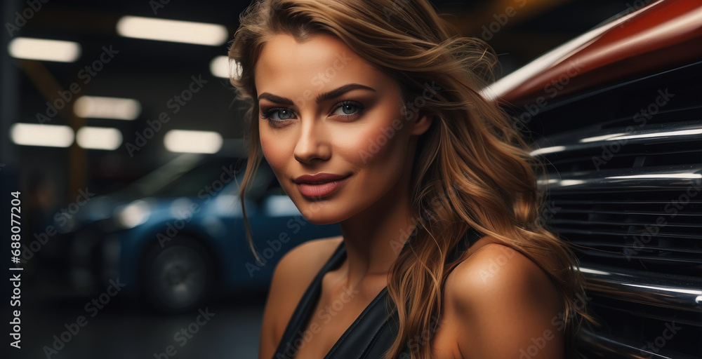 Portrait of a female car salesman in the background of a car, smiling and looking at the camera. Car repair and maintenance. garage banner for car service Portrait of a female car salesman in the background of a car, smiling and looking at the camera. Car repair and maintenance. garage banner for car service