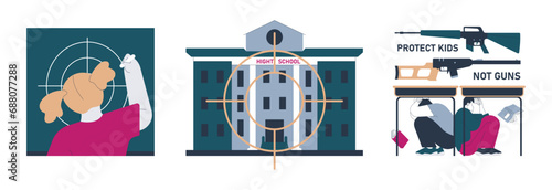 Gun control set. Second amendment ban. Weapon regulations law movement. Firearm violence. Mass shooting in public places and school. Flat vector illustration