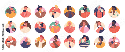 Group Of Diverse Character Avatars. Men and Women Hold Colorful Cups, Each Expressing Unique Personalities