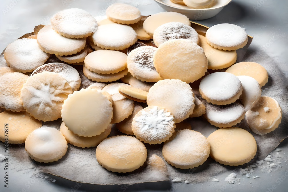 An assortment of classic shortbread cookies, shaped into delicate rounds and dusted with powdered sugar. An assortment of classic shortbread cookies, shaped into delicate rounds and dusted with powdered sugar.