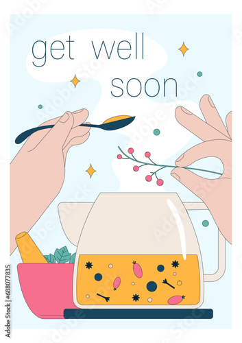 Get well soon card. Positive and motivational poster with greeting quote. Medicine postcard with feel better lettering. Recovery affirmation and wishes. Flat vector Illustration