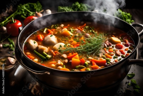 A steaming of hearty soup simmering on a stove, with vegetables and herbs visible through the rising steam.