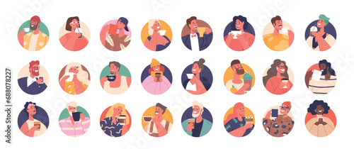 Cartoon Avatars Of Characters Holding Cups, Their Expressions Joyful. Diverse Styles Represent Variety Of Personalities