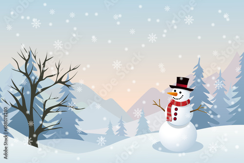 Snowman wearing a hat and red scarf in front of a simple flat winter landscape. Beautiful vector illustration for Christmas or New Year. Postcard, poster, banner.