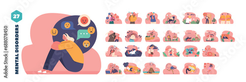 Set Of Characters Facing Psychological Challenges Such As Anxiety, Depression, Or Mood Swings, Vector Illustration