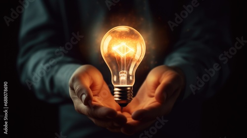 Male hand holding light bulb. Inspiration and idea concept.