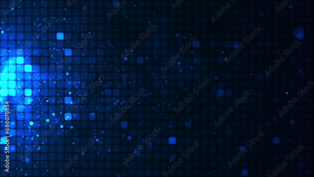 Annotation Bright mosaic. Annotation of a blue LED background with points of movement. Technological digital square background of color. Blue pixel background. Animation of an element of geometric des Annotation Bright mosaic. Annotation of a blue LED background with points of movement. Technological digital square background of color. Blue pixel background. Animation of an element of geometric des