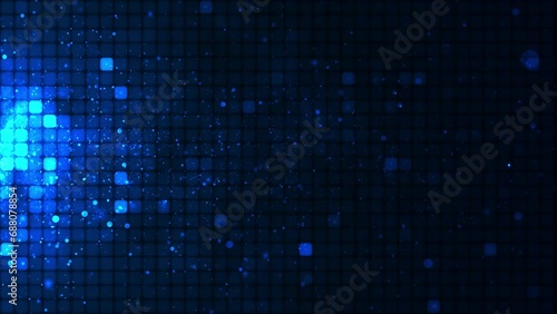 Annotation Bright mosaic. Annotation of a blue LED background with points of movement. Technological digital square background of color. Blue pixel background. Animation of an element of geometric des photo