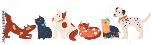 Dogs and cats characters for care grooming products, pets veterinary and dental care, flat cartoon vector illustration isolated on white background.