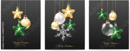Vector realistic Christmas decorations on abstract background. Glass sphere, sparkling heart and star	
