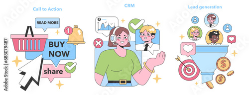 Digital Marketing set. Engaging call to action buttons, insightful CRM analytics, diverse team driving lead generation. Clicks, shares, and conversion targets. Flat vector illustration.