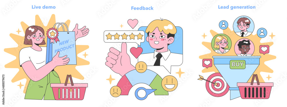 Sales Engagement set. Illustrating live product demos, customer feedback importance, and lead generation tactics. Flat vector illustration Sales Engagement set. Illustrating live product demos, customer feedback importance, and lead generation tactics. Flat vector illustration
