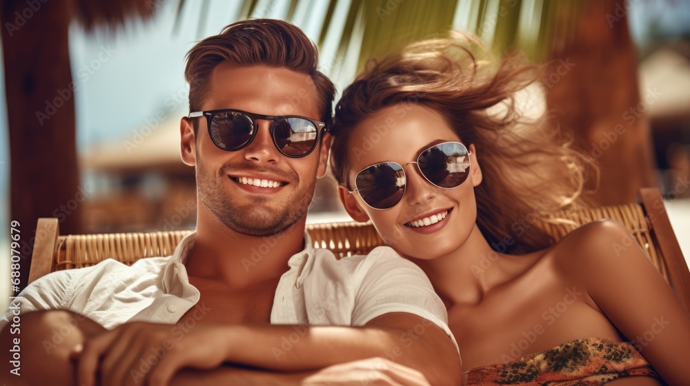Portrait of happy couple relaxing on wooden deck chair at tropical beach while enjoying vacation. - obrazy, fototapety, plakaty 