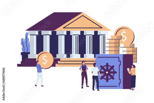  closed bank safe, dollars in a deposit box and a cash bag, safe savings flat vector illustration design