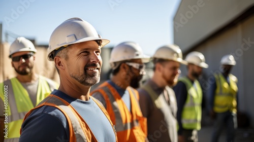 Portrait of engineer man smiling in diverse group of team on construction site.