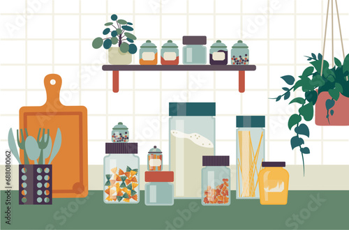 Bundle of masson jars with flour, pasta, spices. No plastic kitchen. Vector illustration separated items.