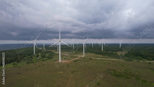 Aerial view of a wind turbine park producing renewable wind energy in Estonia photo